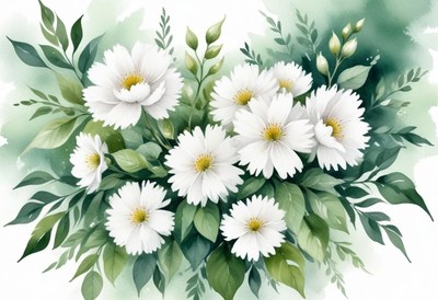 White flowers in a green arrangement on soft backdrop