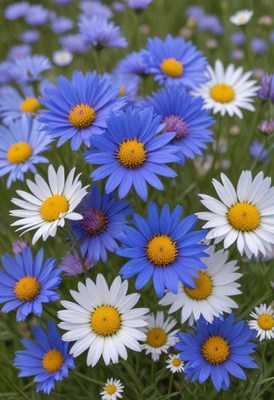 Beautiful blue and white flowers in a sunny field