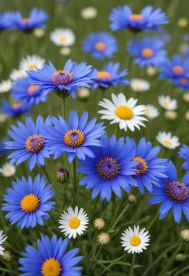 Vibrant blue and white flowers in a sunny meadow