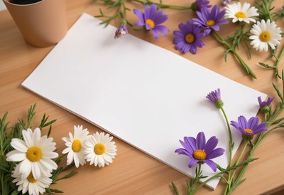 Creative workspace with flowers and empty note