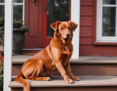Cute dog relaxing on porch in sunny afternoon