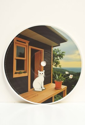 White cat sits on porch of a cozy house at sunset