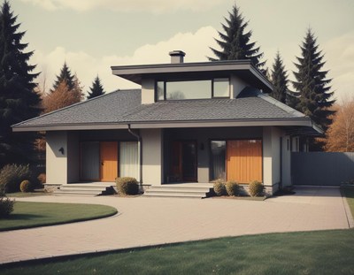 Modern house with wooden accents in a serene landscape