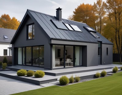 Sleek black house amidst lush greenery