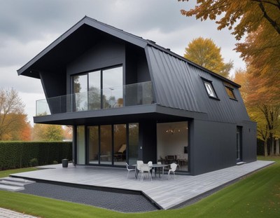 Modern black house surrounded by autumn trees