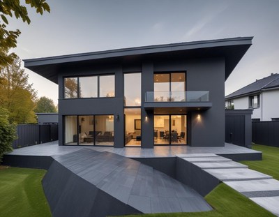 Modern black house with sleek design and outdoor space