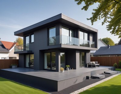 Modern house with large windows in a serene neighborhood