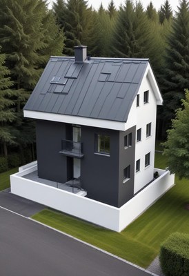 Modern black and white house surrounded by trees