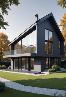 Sleek black house in autumn scenery