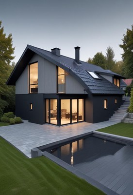 Modern house with sleek design and pool in the evening