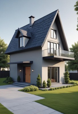 Modern house with a triangular roof and landscaped yard