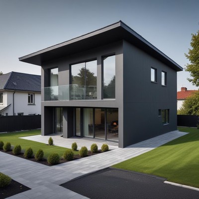 Modern two-story house with sleek design and spacious yard