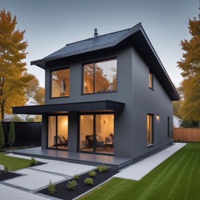 Modern house with large windows surrounded by autumn foliage