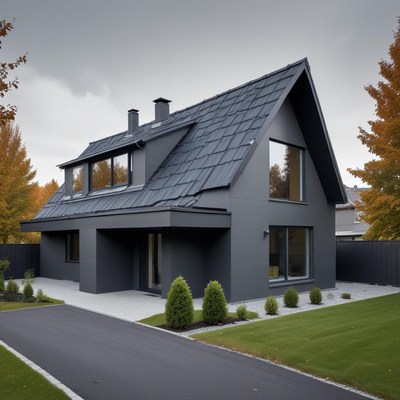 Modern black house with sleek design in autumn setting
