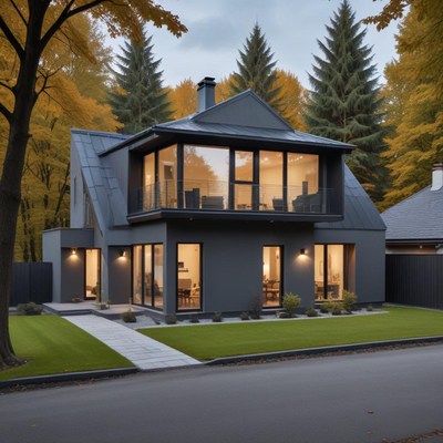 Modern black house with large windows in autumn setting