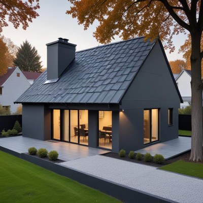 Modern black house with a sleek design in autumn