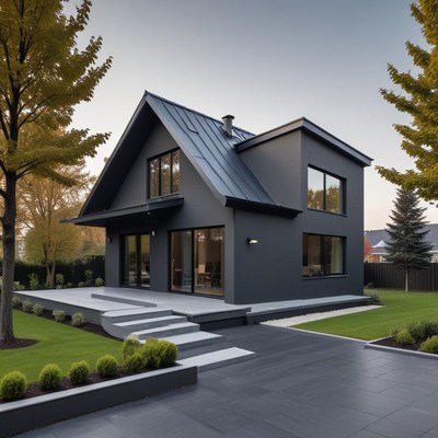 Modern black house with a landscaped yard in autumn