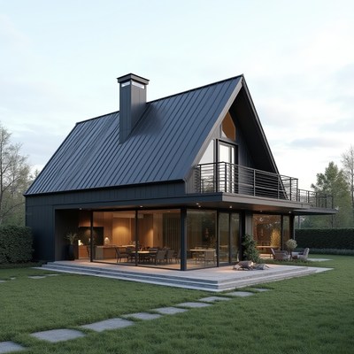 Modern black house with large windows in a serene setting