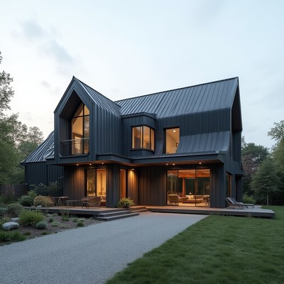 Modern black house with unique architecture at twilight