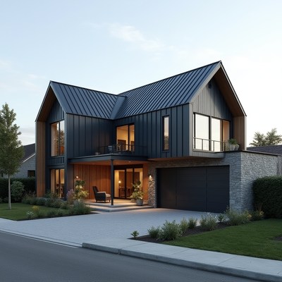 Modern house with sleek design in residential neighborhood