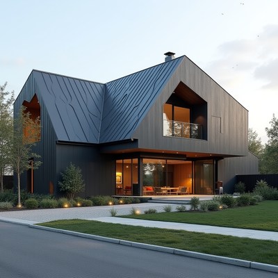 Modern black house with a unique design in the neighborhood