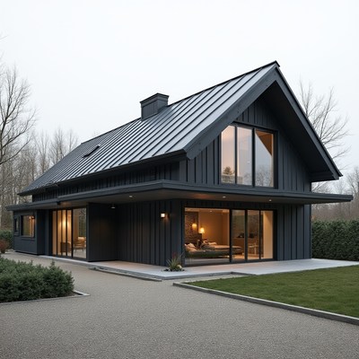 Modern black house with large windows near trees