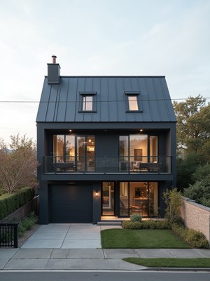 Modern house with large windows in a suburban setting