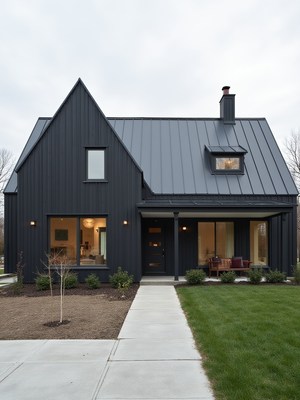 Minimalist black house in peaceful neighborhood