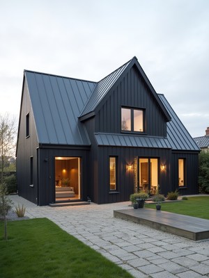 Elegant modern black house with landscaped yard at dusk
