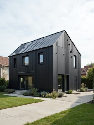 Modern black house design in a suburban neighborhood
