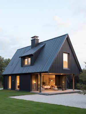 Modern black house with large windows in peaceful setting