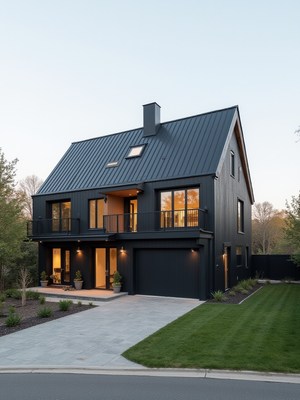 Modern black house with large windows in serene setting