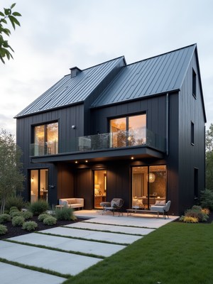Modern black house with large windows at dusk