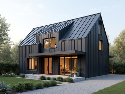 Modern black house with sleek design in a peaceful setting