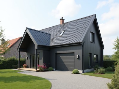 Modern black house with unique roof design in a quiet area