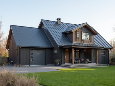 Modern black exterior house with a cozy porch