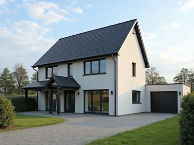 Modern house with garage surrounded by greenery in daytime
