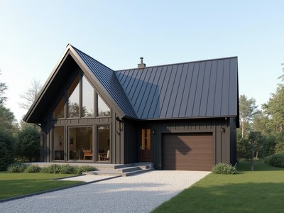Modern black house surrounded by greenery in daylight