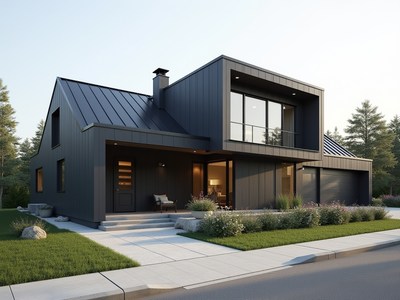 Modern black house design in serene suburban setting