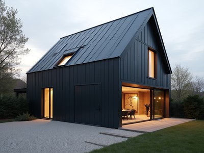 Modern black house in tranquil natural setting