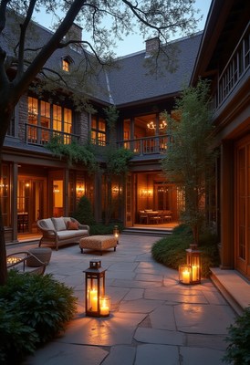 Cozy courtyard with glowing lanterns at dusk