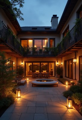 Elegant courtyard illuminated at dusk with cozy seating