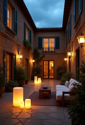 Cozy courtyard with warm lighting in evening ambiance