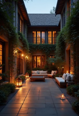 Cozy courtyard with warm lighting in evening calm