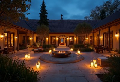 Cozy courtyard with warm lights at dusk