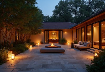 Cozy outdoor fire pit area with lanterns and seating