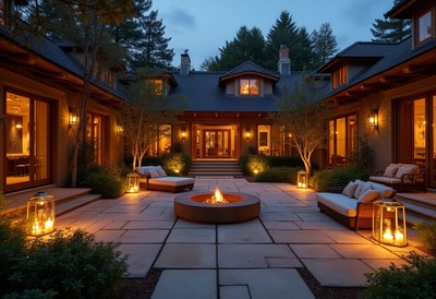 Cozy outdoor gathering space with fire pit at dusk