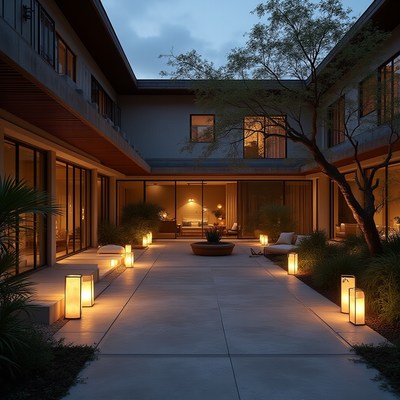 Warm evening lights illuminate a modern courtyard space