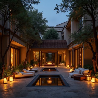 Relaxing evening in a serene courtyard with lanterns