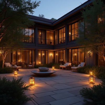 Outdoor courtyard illuminated by lanterns at dusk